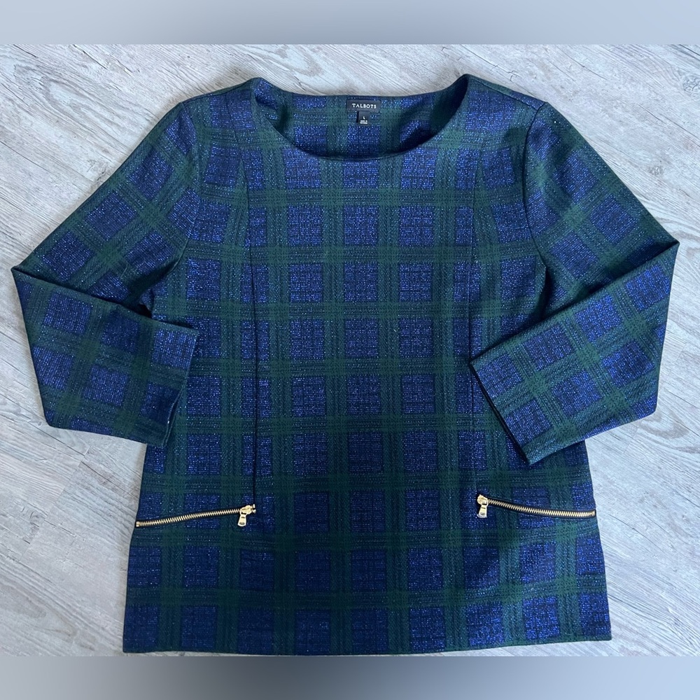 Talbots Plaid Green and Blue Top with Gold Zippers